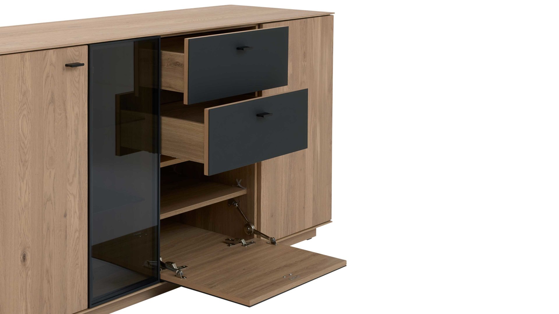 Sideboard Interliving aus Holz in Holzfarben Interliving Wohnzimmer Serie 2025 - Sideboard 20 Wildeiche, Anthrazit & Kork - vier Türen, zwei Schubladen, Breite ca. 175 cm