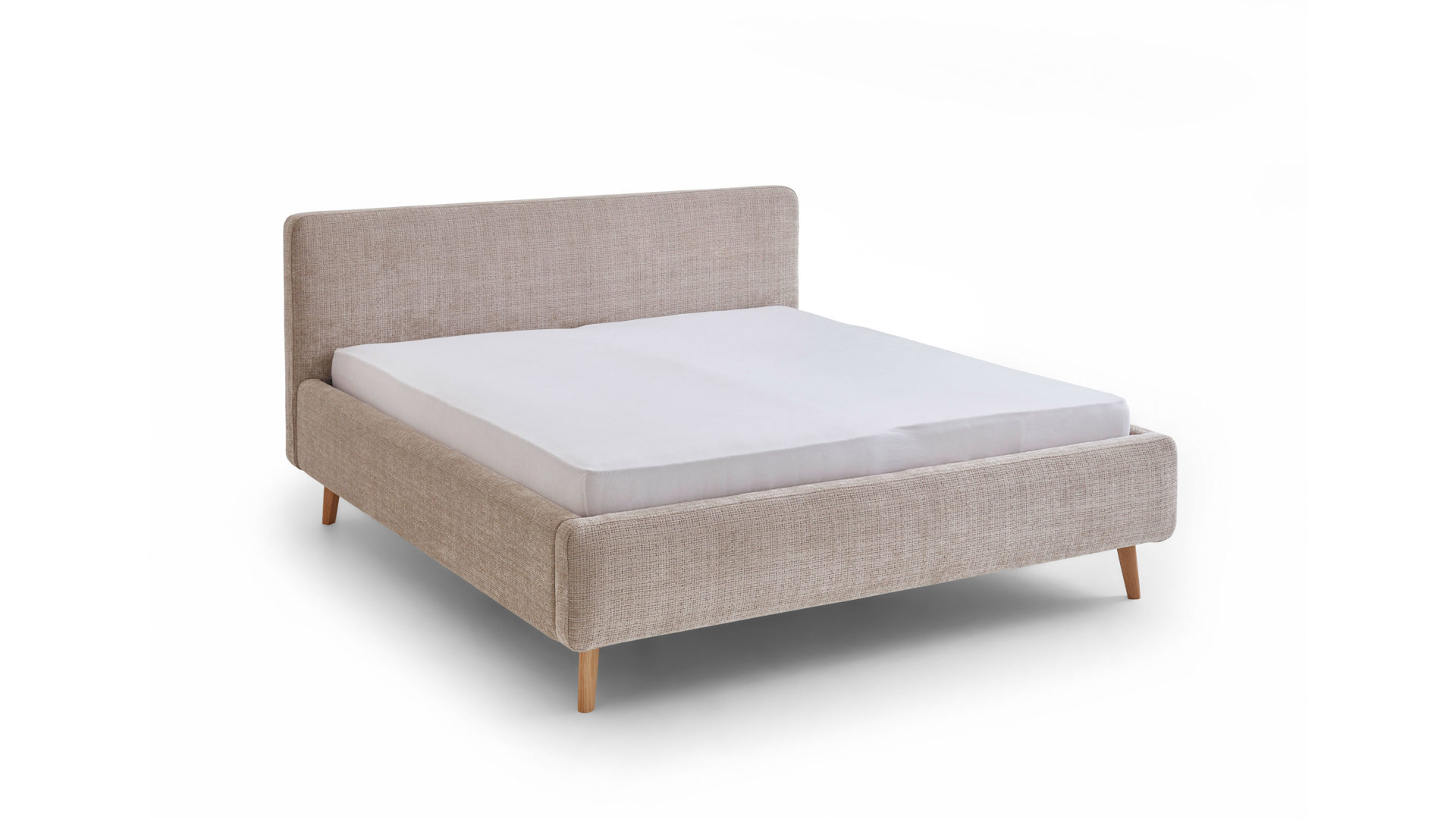 Bettgestell Meise.möbel aus Stoff in Beige Polsterbettgestell Mattis beigefarbener Chenille Bezug Yunus 3 & Holzfüße - Liegefläche ca. 180 x 200 cm