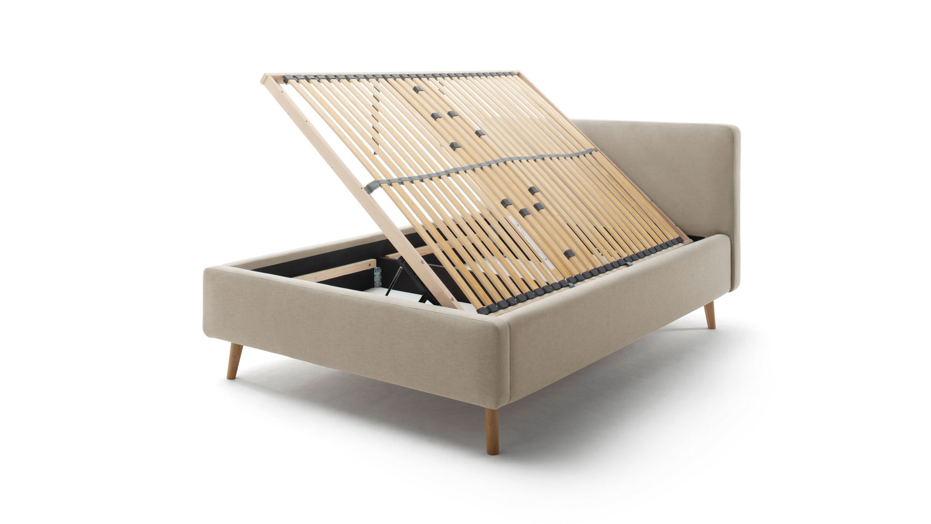 Bettgestell Meise.möbel aus Stoff in Taupe Polsterbettgestell Mattis mit Bettkasten taupefarbenes Flachgewebe Aspen 23 & Holzfüße - Liegefläche ca. 160 x 200 cm