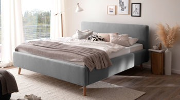 Bettgestell Meise.möbel aus Stoff in Hellgrau Polsterbettgestell Mattis mit Bettkasten hellgraues Flachgewebe Aspen 92 & Holzfüße - Liegefläche ca. 160 x 200 cm