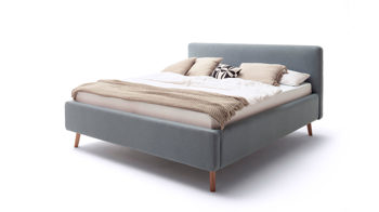 Bettgestell Meise.möbel aus Stoff in Blau Polsterbettgestell Mattis mit Bettkasten eisblaues Flachgewebe Aspen 84 & Holzfüße - Liegefläche ca. 160 x 200 cm