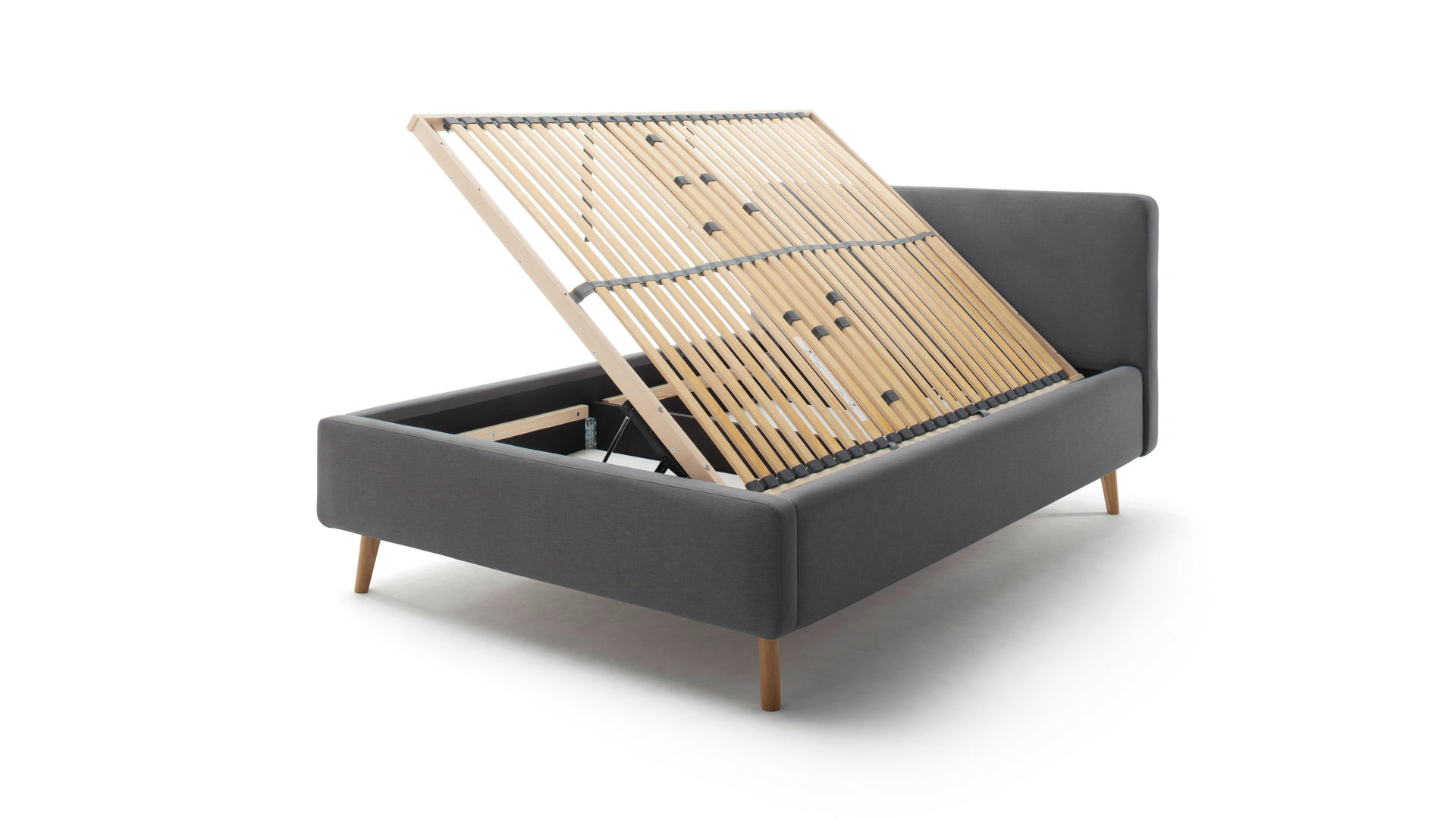 Bettgestell Meise.möbel aus Stoff in Anthrazit Polsterbettgestell Mattis mit Bettkasten anthrazitfarbenes Flachgewebe Aspen 96 & Holzfüße - Liegefläche ca. 140 x 200 cm