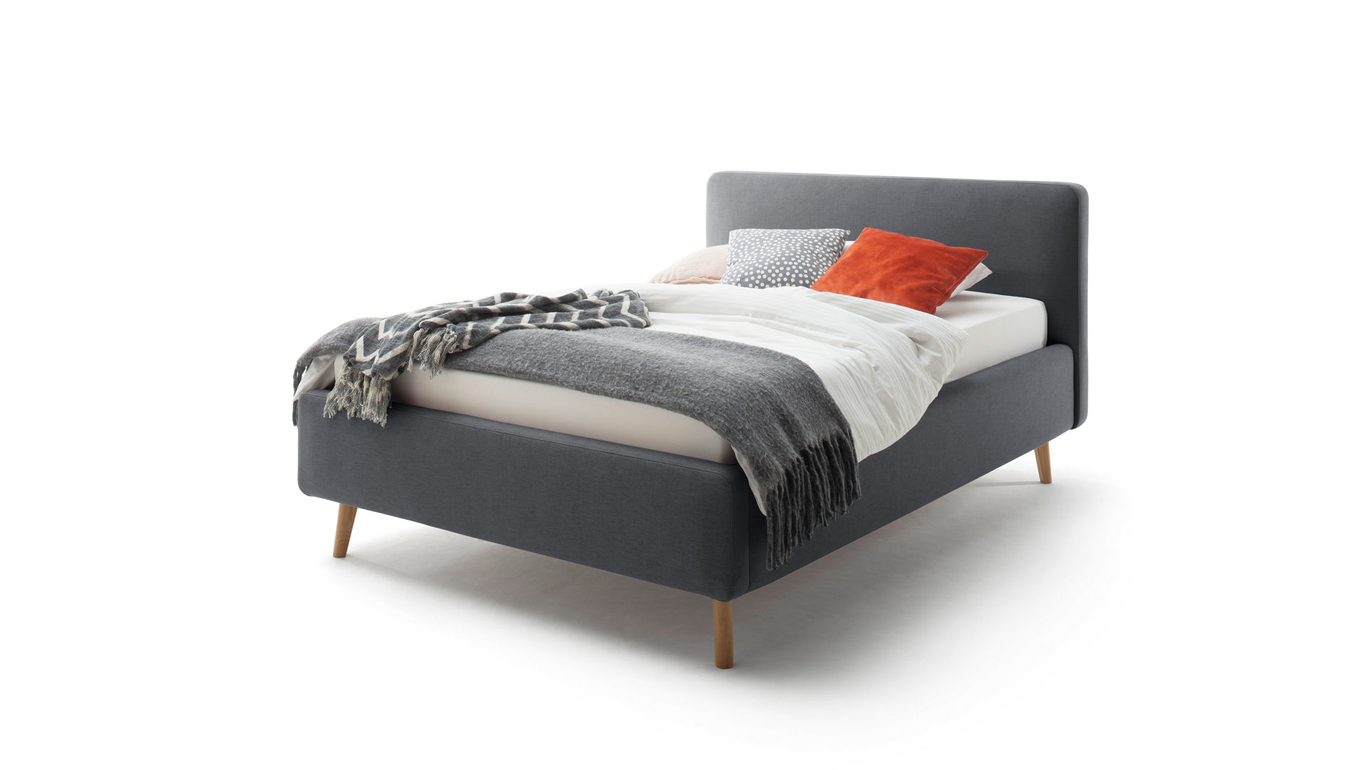 Bettgestell Meise.möbel aus Stoff in Anthrazit Polsterbettgestell Mattis mit Bettkasten anthrazitfarbenes Flachgewebe Aspen 96 & Holzfüße - Liegefläche ca. 140 x 200 cm
