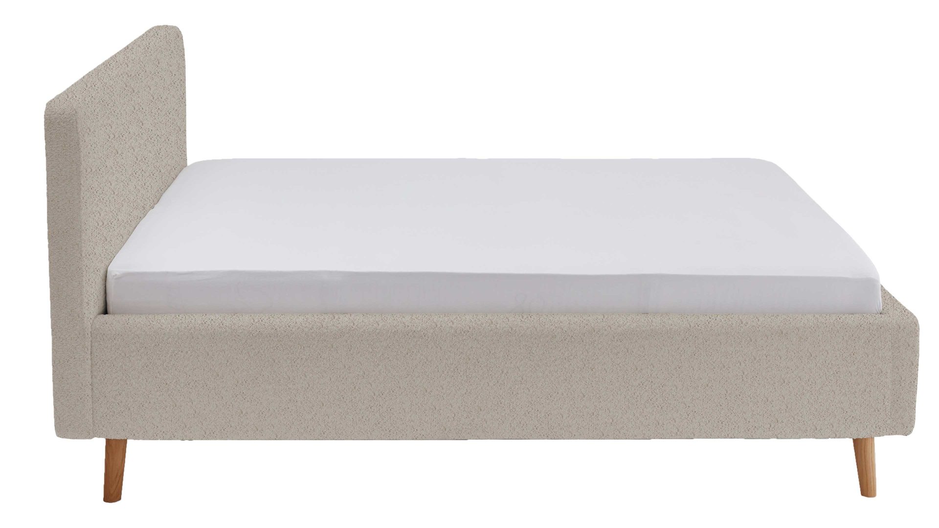 Bettgestell Meise.möbel aus Stoff in Beige Polsterbettgestell Mattis mit Bettkasten beigefarbener Boucle Bezug Abriamo 3 & Holzfüße - Liegefläche ca. 180 x 200 cm