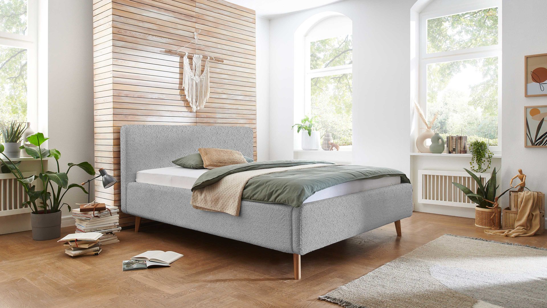 Bettgestell Meise.möbel aus Stoff in Grau Polsterbettgestell Mattis mit Bettkasten grauer Boucle Bezug Abriamo 6 & Holzfüße - Liegefläche ca. 180 x 200 cm