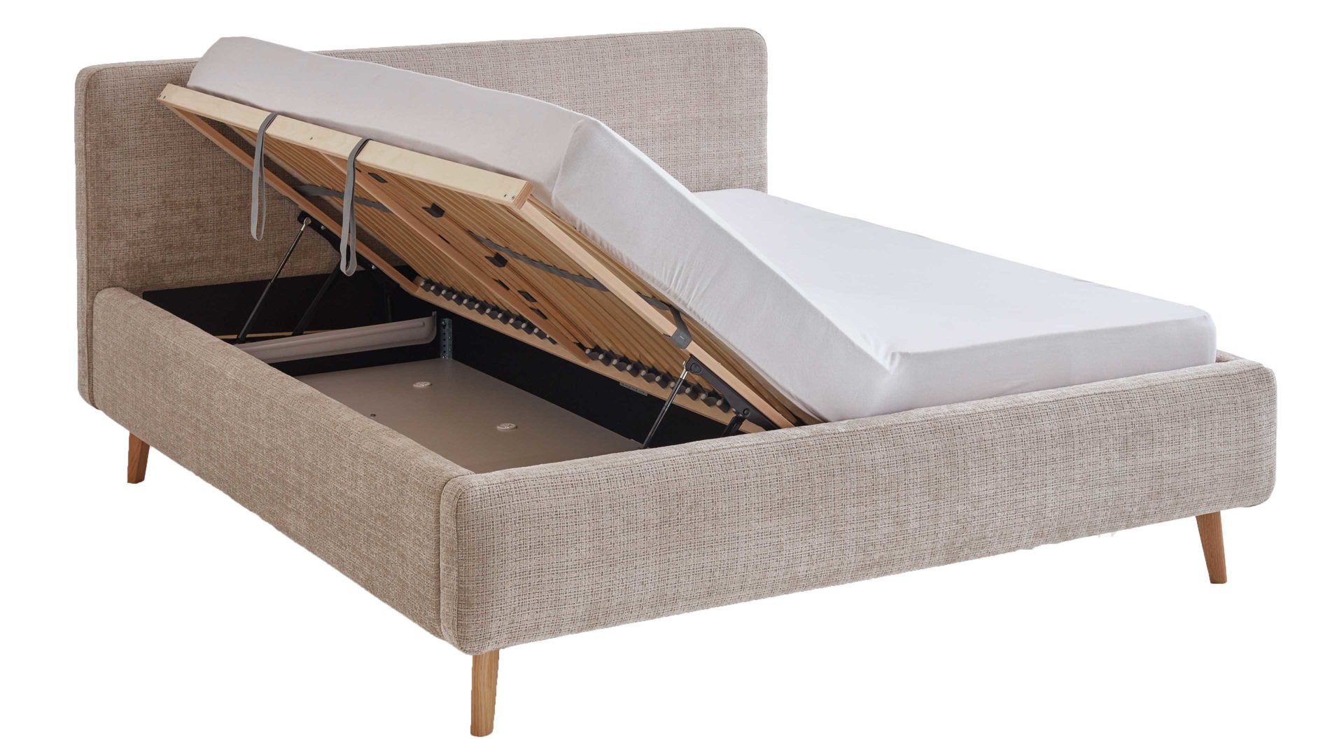 Bettgestell Meise.möbel aus Stoff in Beige Polsterbettgestell Mattis mit Bettkasten beigefarbener Chenille Bezug Yunus 3 & Holzfüße - Liegefläche ca. 160 x 200 cm