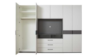 Kleiderschrank Interliving aus Holz in Grau Interliving Kleiderschrank Serie 1207 – Kleiderschrank mit TV-Nische Weiß & Manhattan – sechs Türen, zwei Schubladen, Breite ca. 302 cm
