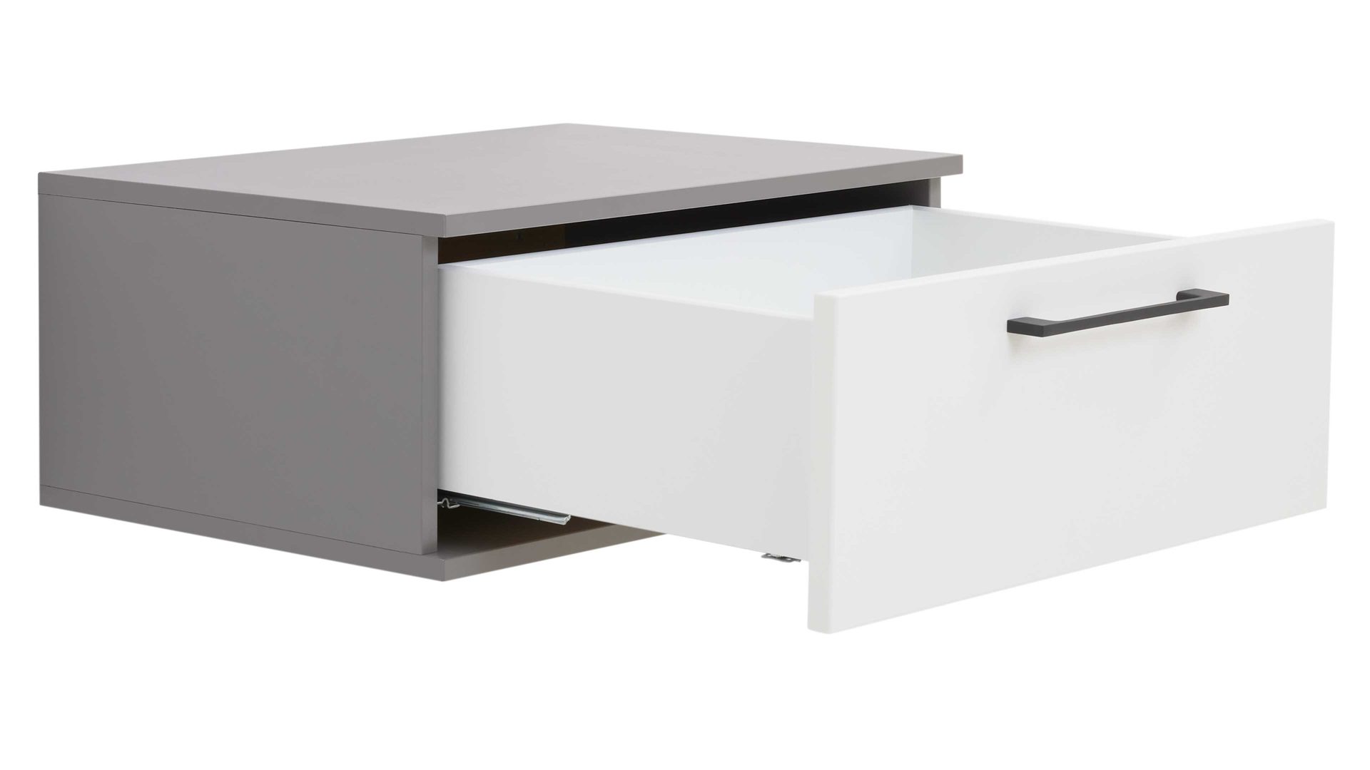 Nachtkommode Interliving aus Holz in Grau Interliving Kleiderschrank Serie 1207 – Hänge-Nachtkonsole Weiß & Manhattan – eine Schublade, Breite ca. 60 cm