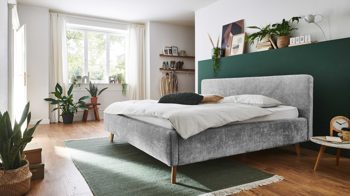 Bettgestell Meise.möbel aus Stoff in Grau Polsterbettgestell Mattis mit Bettkasten grauer Chenille Bezug Yunus 20 & Holzfüße - Liegefläche ca. 160 x 200 cm