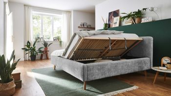 Bettgestell Meise.möbel aus Stoff in Grau Polsterbettgestell Mattis mit Bettkasten grauer Chenille Bezug Yunus 20 & Holzfüße - Liegefläche ca. 160 x 200 cm