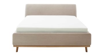 Polsterbett Meise.möbel aus Stoff in Beige Polsterbettgestell Mila mit Bettkasten und Holzrahmen, glattes Kopfteil beiger Flachgewebe-Bezug Capri 3723 - Liegefläche ca. 160 x 200 cm
