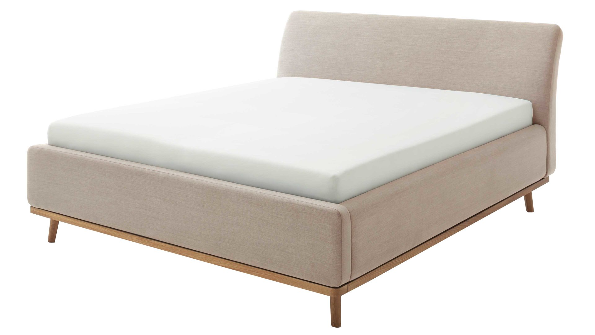Polsterbett Meise.möbel aus Stoff in Beige Polsterbettgestell Mila mit Bettkasten und Holzrahmen, glattes Kopfteil beiger Flachgewebe-Bezug Capri 3723 - Liegefläche ca. 160 x 200 cm