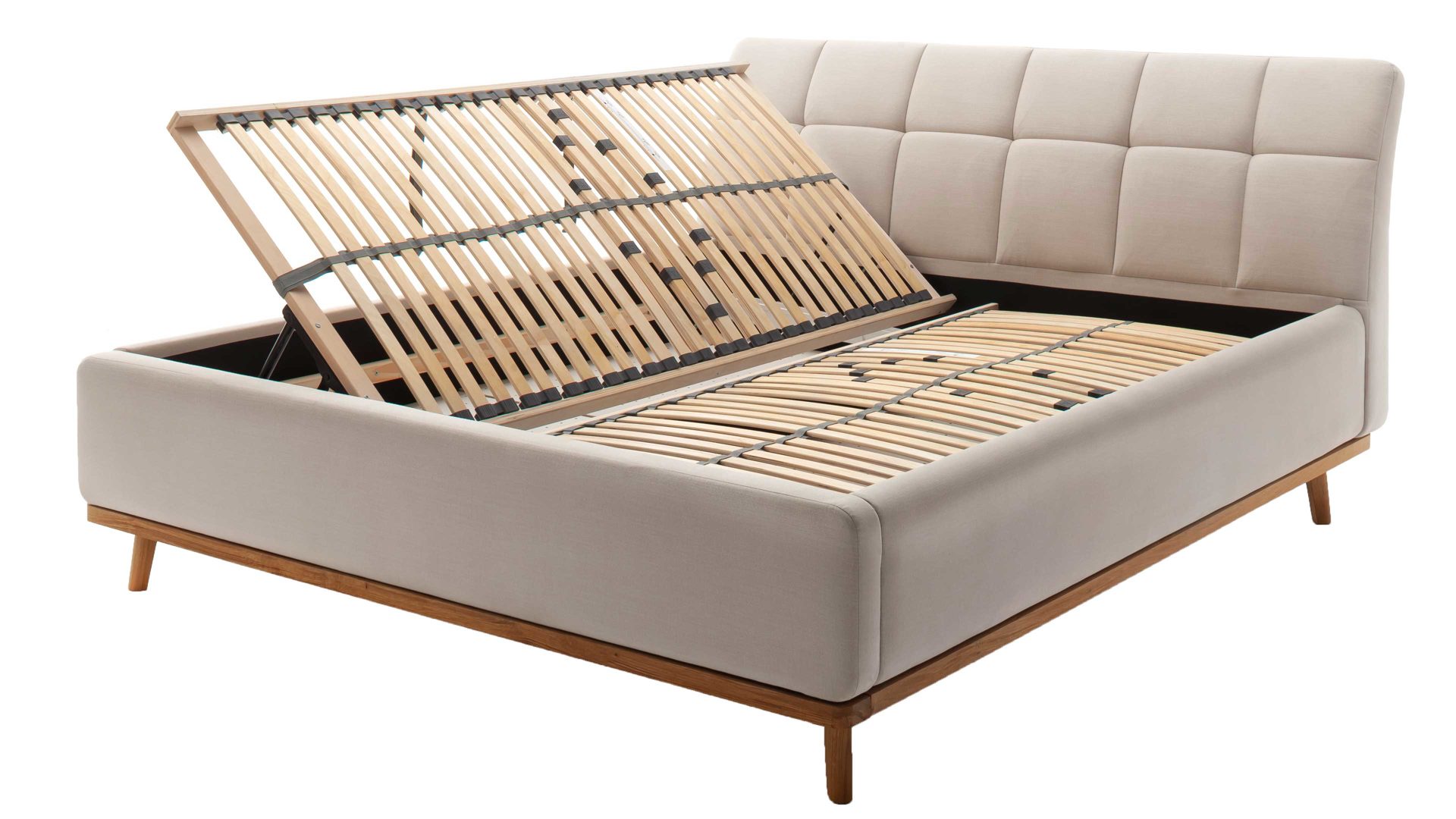 Polsterbett Meise.möbel aus Stoff in Beige Polsterbettgestell Mila mit Bettkasten und Holzrahmen, gestepptes Kopfteil beiger Flachgewebe-Bezug Capri 3723 - Liegefläche ca. 180 x 200 cm