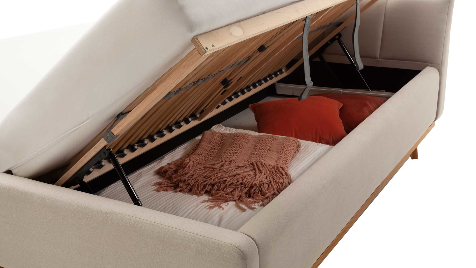 Polsterbett Meise.möbel aus Stoff in Beige Polsterbettgestell Mila mit Bettkasten und Holzrahmen, gestepptes Kopfteil beiger Flachgewebe-Bezug Capri 3723 - Liegefläche ca. 180 x 200 cm