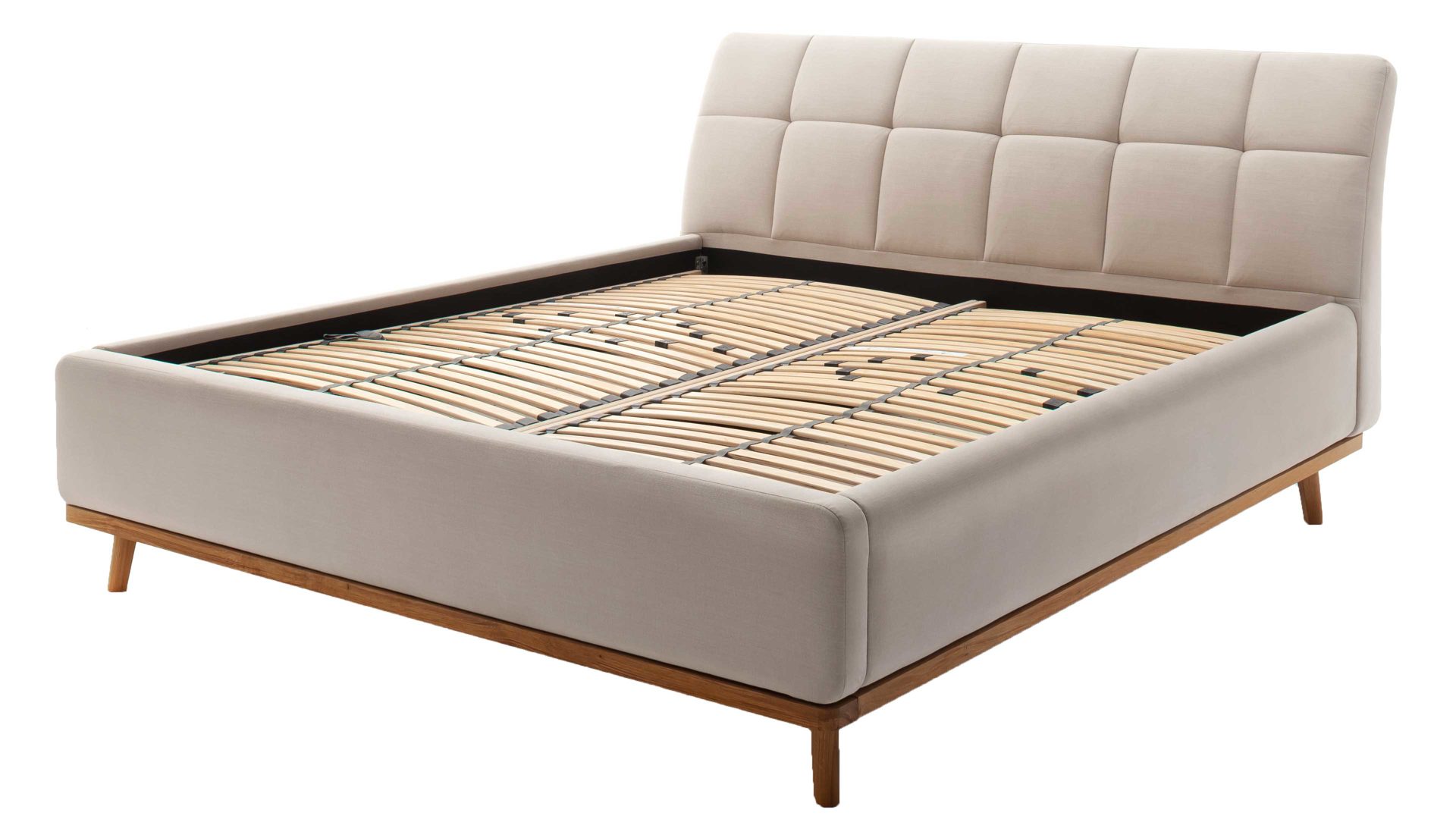Polsterbett Meise.möbel aus Stoff in Beige Polsterbettgestell Mila mit Bettkasten und Holzrahmen, gestepptes Kopfteil beiger Flachgewebe-Bezug Capri 3723 - Liegefläche ca. 160 x 200 cm