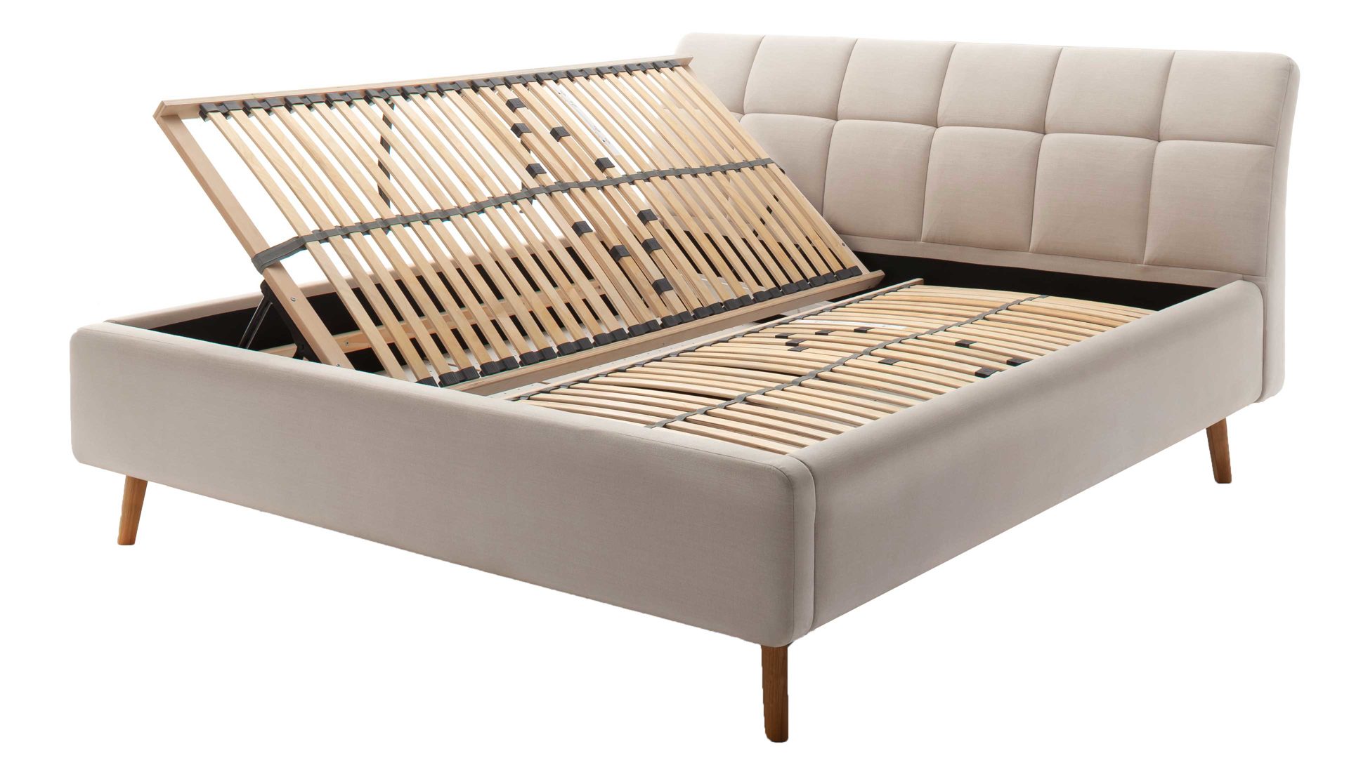 Polsterbett Meise.möbel aus Stoff in Beige Polsterbettgestell Mila mit Bettkasten, gestepptes Kopfteil beiger Flachgewebe-Bezug Capri 3723 - Liegefläche ca. 160 x 200 cm