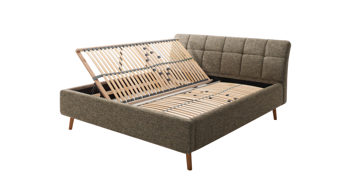 Polsterbett Meise.möbel aus Stoff in Braun Polsterbettgestell Mila mit Bettkasten, gestepptes Kopfteil brauner Struktur Bezug Building 801 & Holzfüße - Liegefläche ca. 180 x 200 cm