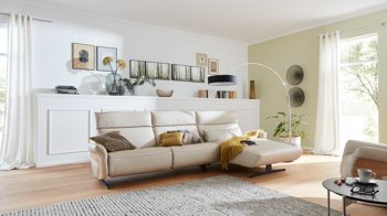 Ecksofa comfortmaster besser sitzen, liegen, leben aus Leder in Weiß Comfortmaster 4160 - Relax-Wohnlandschaft mit Funktionen klifffarbenes LongLife-Leder – Stellfläche ca. 305 x 166 cm