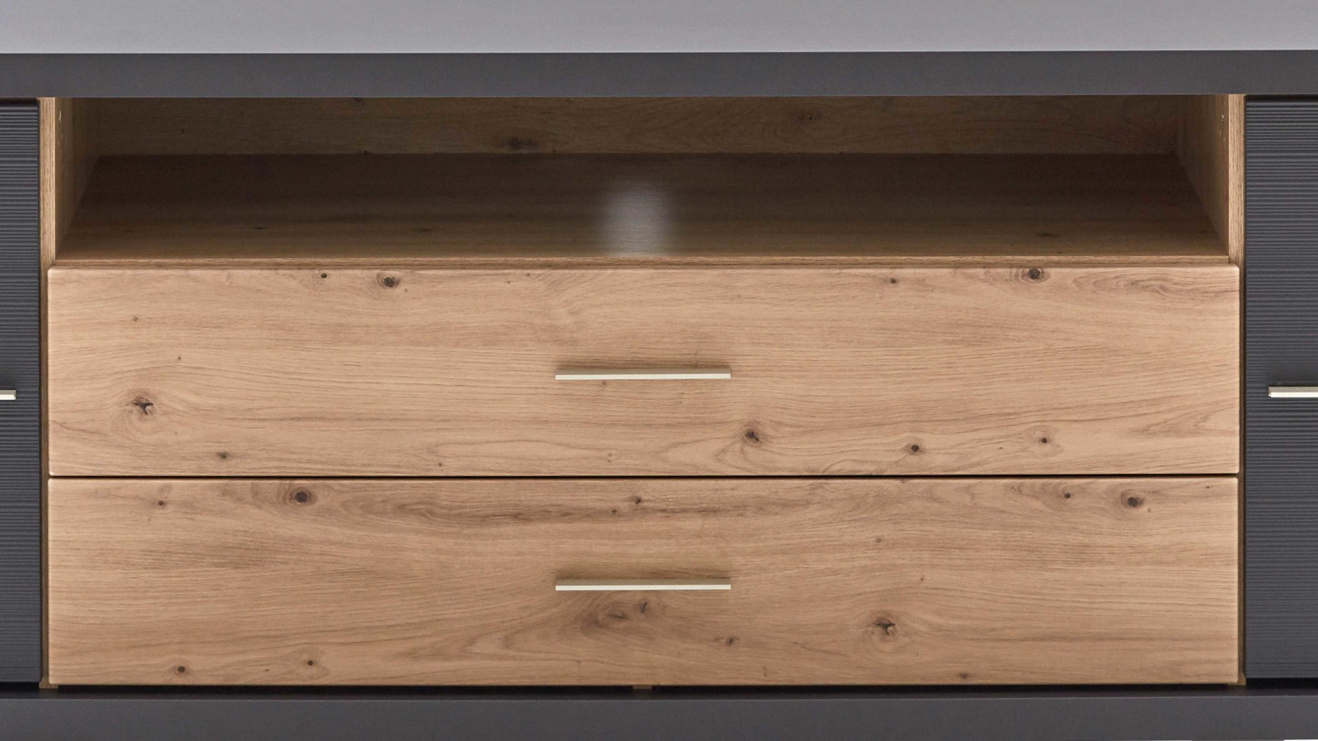 Lowboard Ideal möbel aus Holz in Dunkelgrau Medien-Lowboard Manhattan Grau & Eiche Artisan– zwei Türen, zwei Schubladen, Länge ca. 207 cm