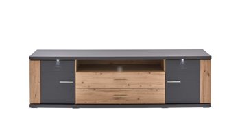 Wohnwand Ideal möbel aus Holz in Dunkelgrau Wohnkombination Manhattan - Wohnwand mit TV-Möbel Grau & Eiche Artisan – vierteilig, Breite ca. 322 cm