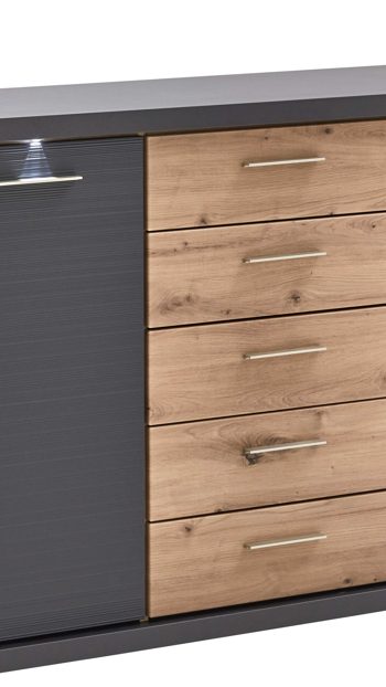 Sideboard Ideal möbel aus Holz in Dunkelgrau Sideboard Manhattan Grau & Eiche Artisan – zwei  Türen, fünf Schubladen