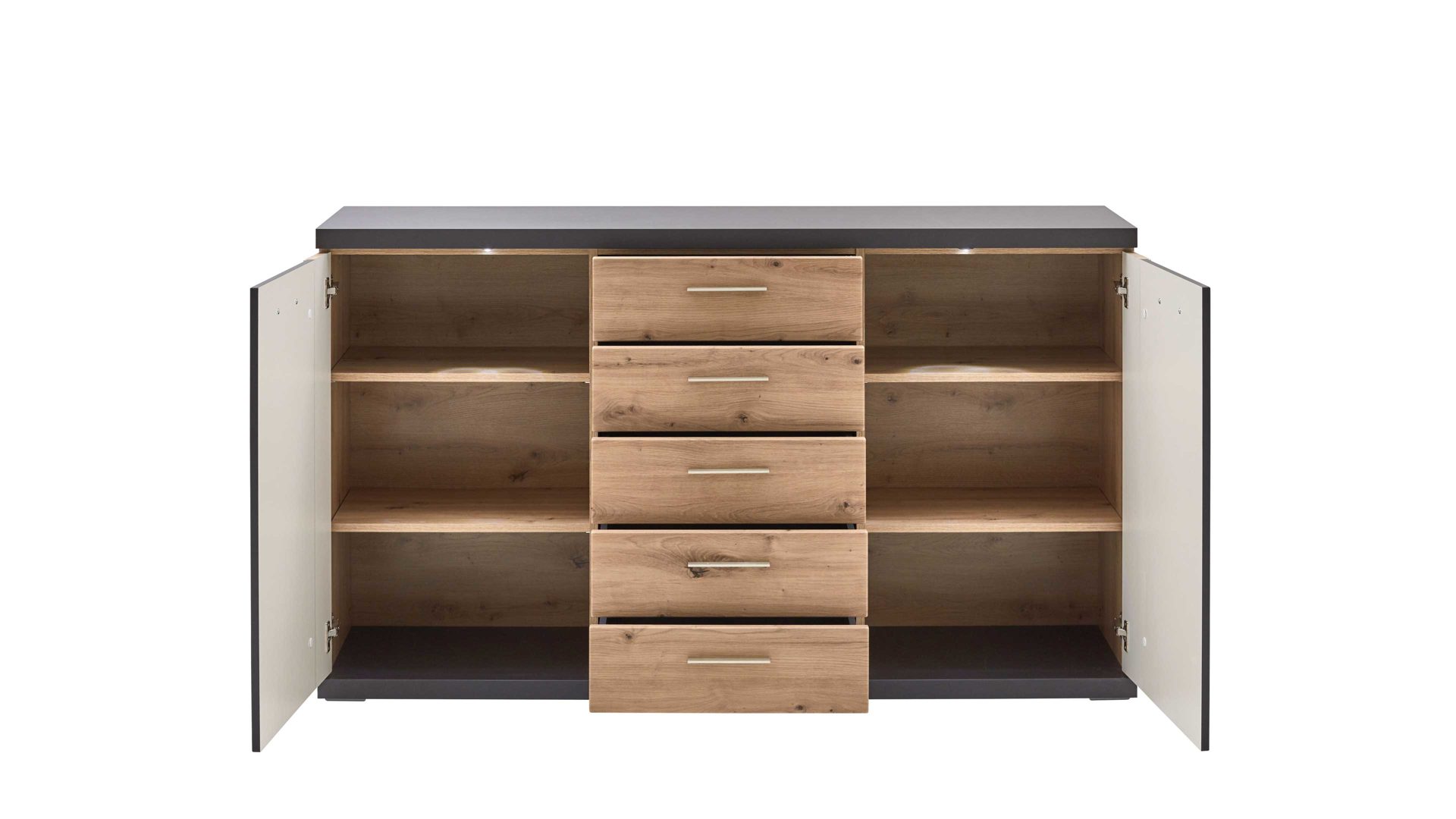 Sideboard Ideal möbel aus Holz in Dunkelgrau Sideboard Manhattan Grau & Eiche Artisan – zwei  Türen, fünf Schubladen