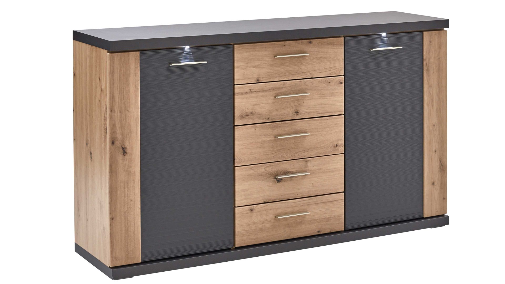 Sideboard Ideal möbel aus Holz in Dunkelgrau Sideboard Manhattan Grau & Eiche Artisan – zwei  Türen, fünf Schubladen