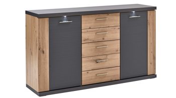 Sideboard Ideal möbel aus Holz in Dunkelgrau Sideboard Manhattan Grau & Eiche Artisan – zwei  Türen, fünf Schubladen