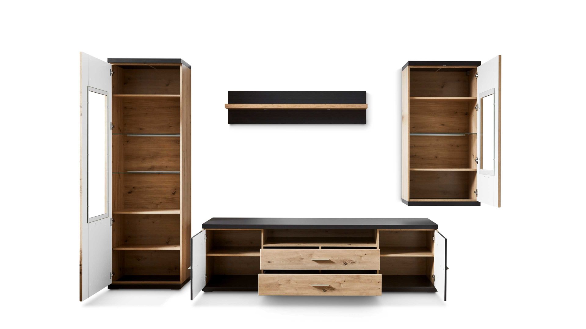 Wohnwand Ideal möbel aus Holz in Dunkelgrau Wohnkombination Manhattan - Wohnwand mit TV-Möbel Grau & Eiche Artisan – vierteilig, Breite ca. 322 cm