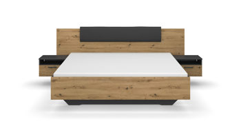 Doppelbett Rauch aus Holz in Grau rauch BLUE Miro - Bettgestell mit zwei Hängenachttischen Grau-Metallic & Eiche Artisan - Liegefläche ca. 180 x 200 cm