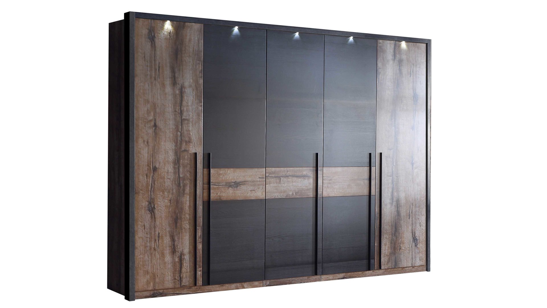 Kleiderschrank Forte® aus Holz in Holzfarben Kleiderschrank Bellevue mit Beleuchtung Schwarzeiche & Schlamm – Breite ca. 261 cm, fünf Türen