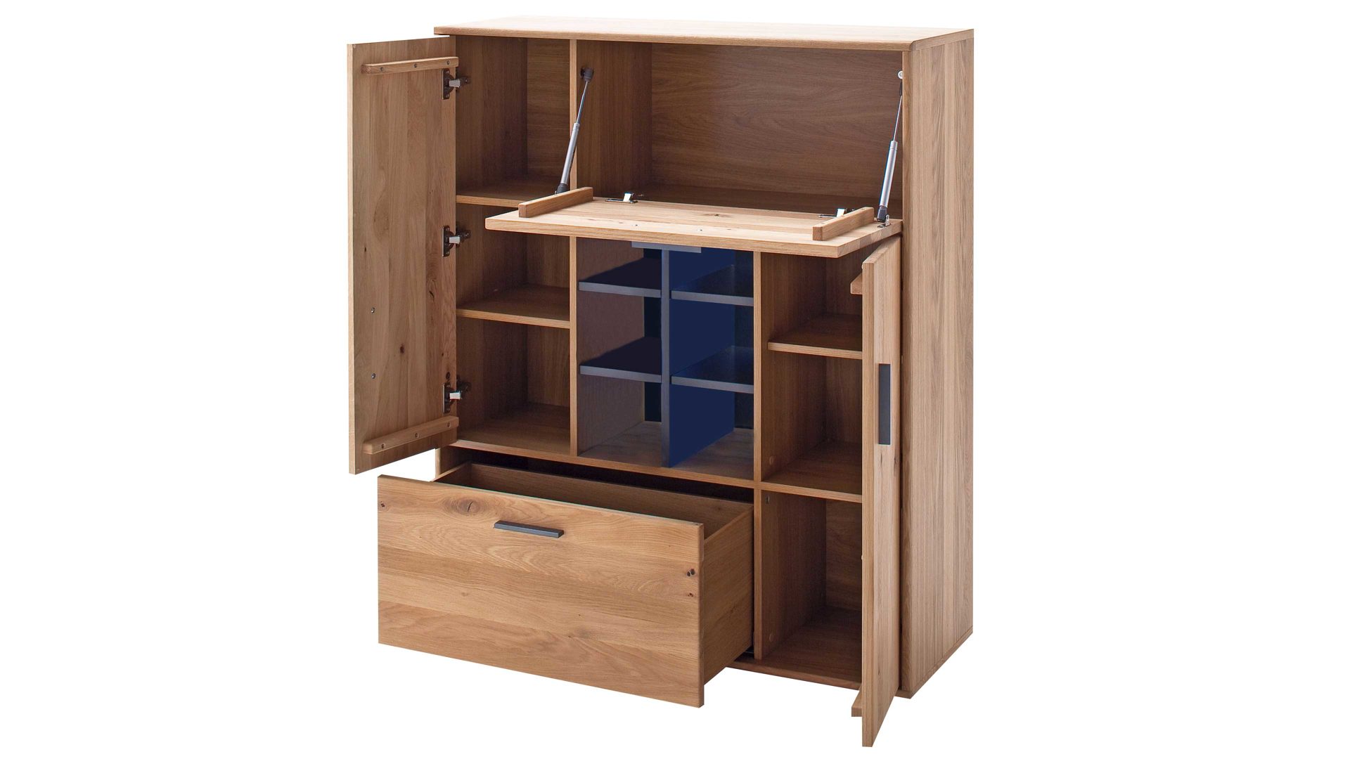 Highboard Mca direkt aus Holz in Holzfarben Wohnprogramm Portland - Highboard Asteiche bianco & Anthrazit – zwei Türen, eine Schublade, eine Klappe