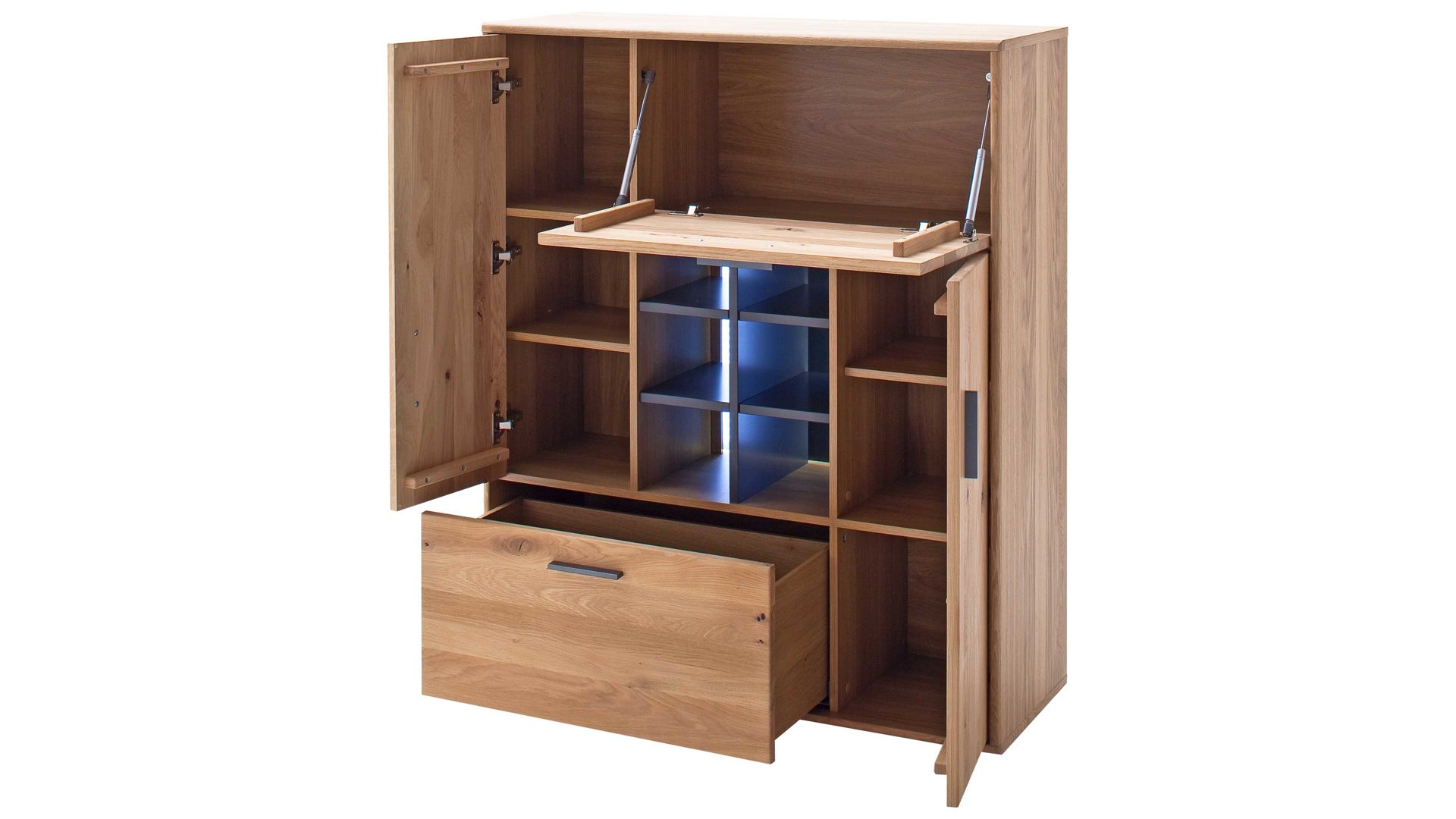 Wohnwand Mca direkt aus Holz in Holzfarben Wohnprogramm Portland - Wohnkombination II Asteiche bianco & Anthrazit – vierteilig, Breite ca. 338 cm