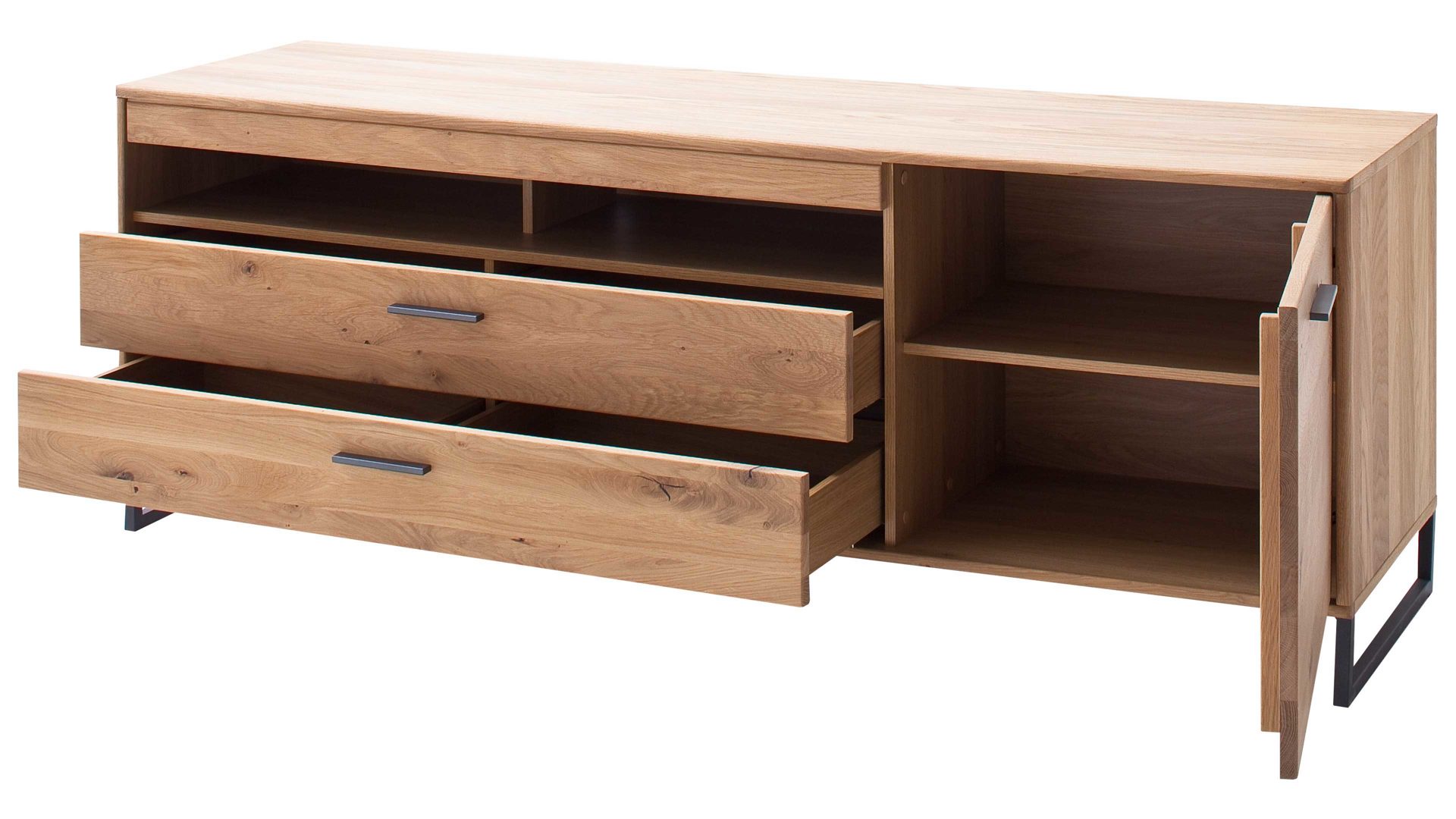 Wohnwand Mca direkt aus Holz in Holzfarben Wohnprogramm Portland - Wohnkombination II Asteiche bianco & Anthrazit – vierteilig, Breite ca. 338 cm