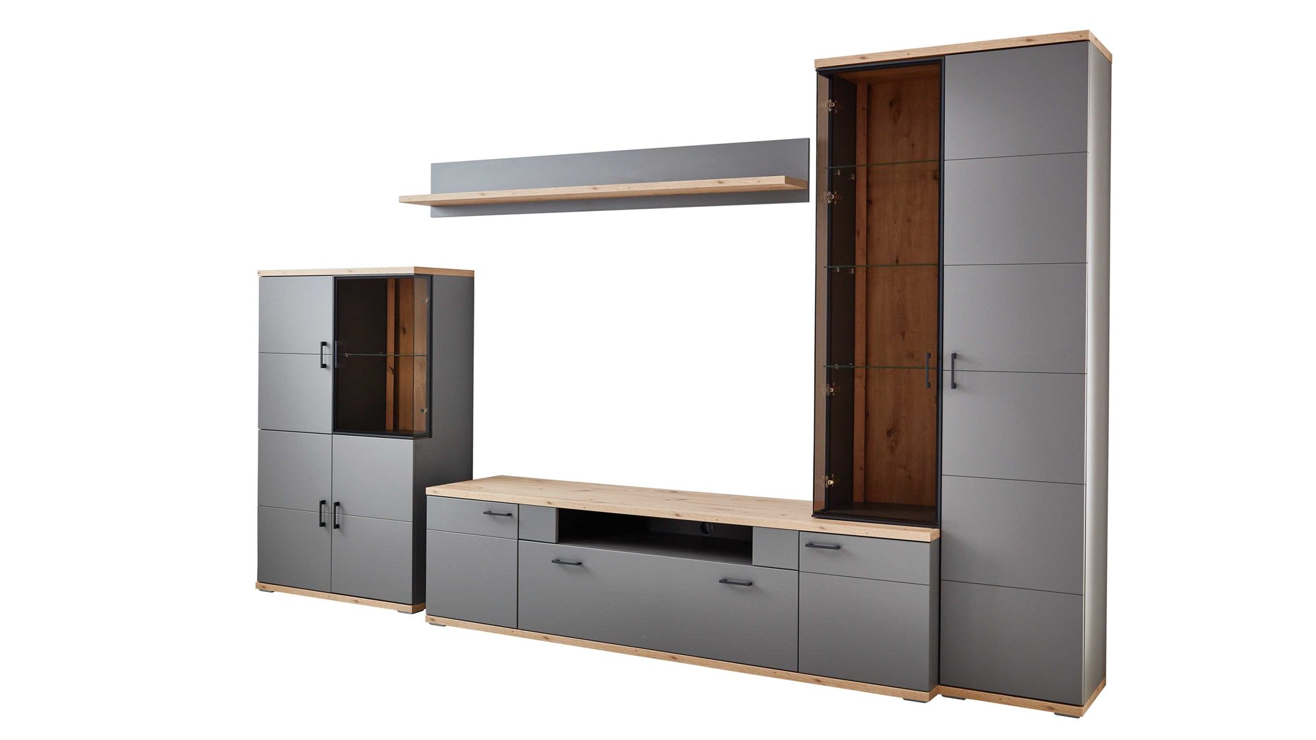 Wohnwand Ideal möbel aus Holz in Grau Wohnwand Houton Grau & Eiche Artisan - 4-teilig - Breite ca. 350 cm