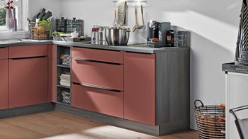 Einbauküche Express küchen aus Holz in Rot EXPRESS KÜCHEN Einbauküche Win mit Einbaugeräten Kaminrot & Eiche Grau - Stellfläche ca. 305 x 230 cm