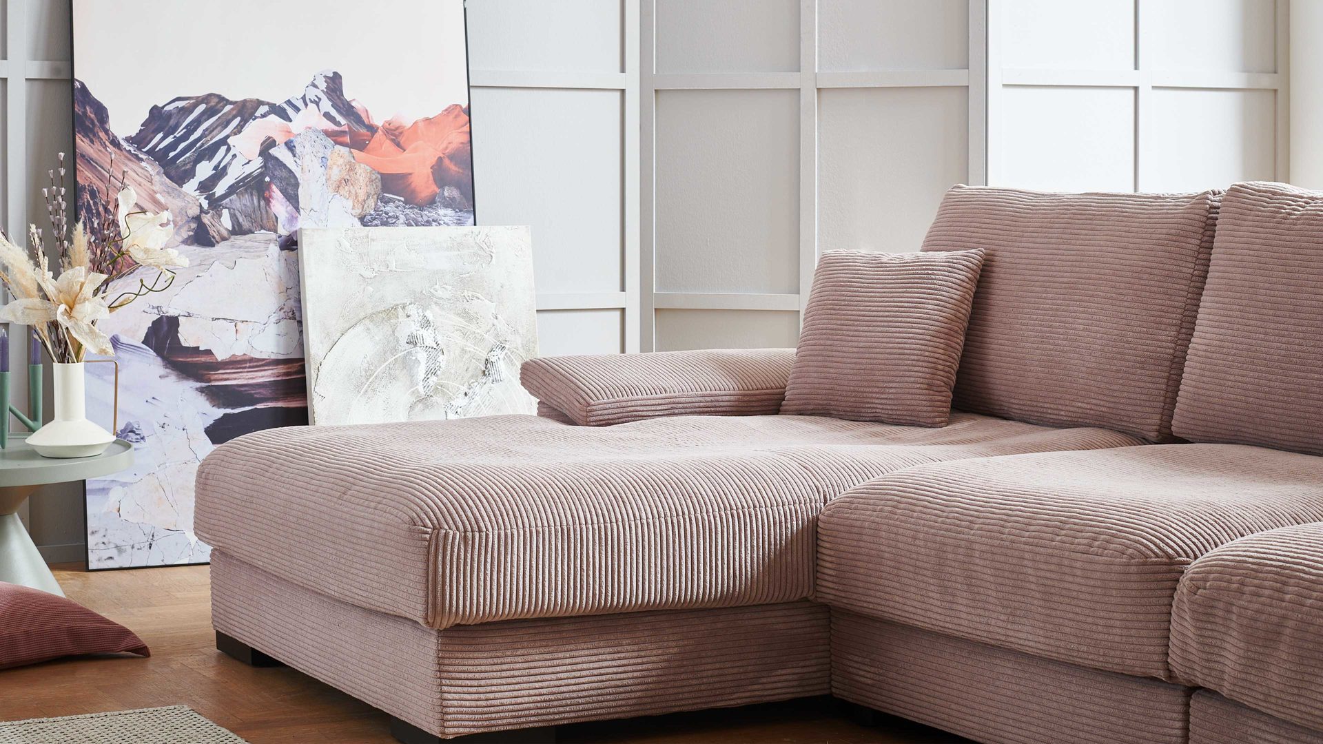 Ecksofa A. z. iwaniccy aus Stoff in Rosa Polsterprogramm Spirit - Ecksofa rosa Breitcord Lincoln 61 - Stellfläche ca. 177 x 323 cm