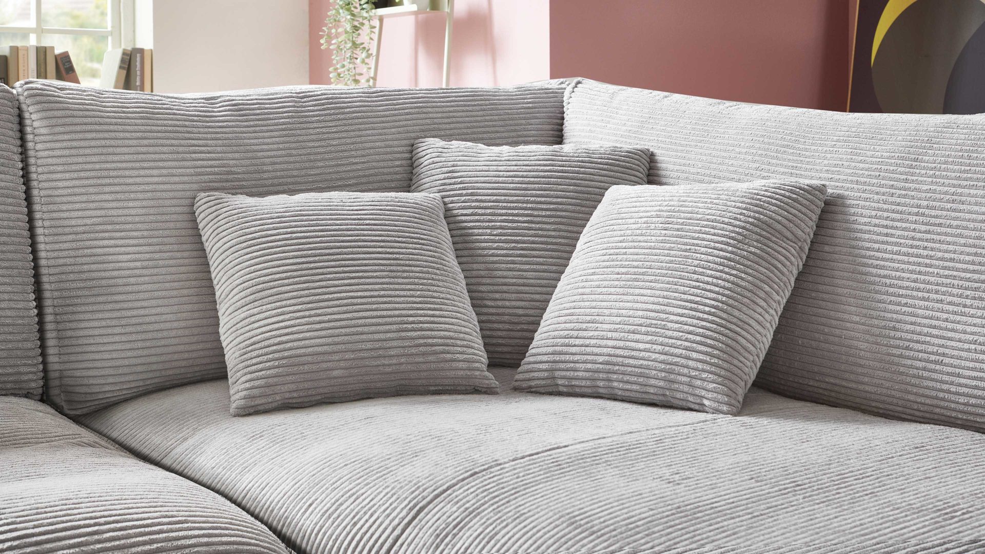 Ecksofa A. z. iwaniccy aus Stoff in Hellgrau Polsterprogramm Spirit - Ecksofa hellgrauer Breitcord Lincoln 86 - Stellfläche ca. 333 x 223 cm