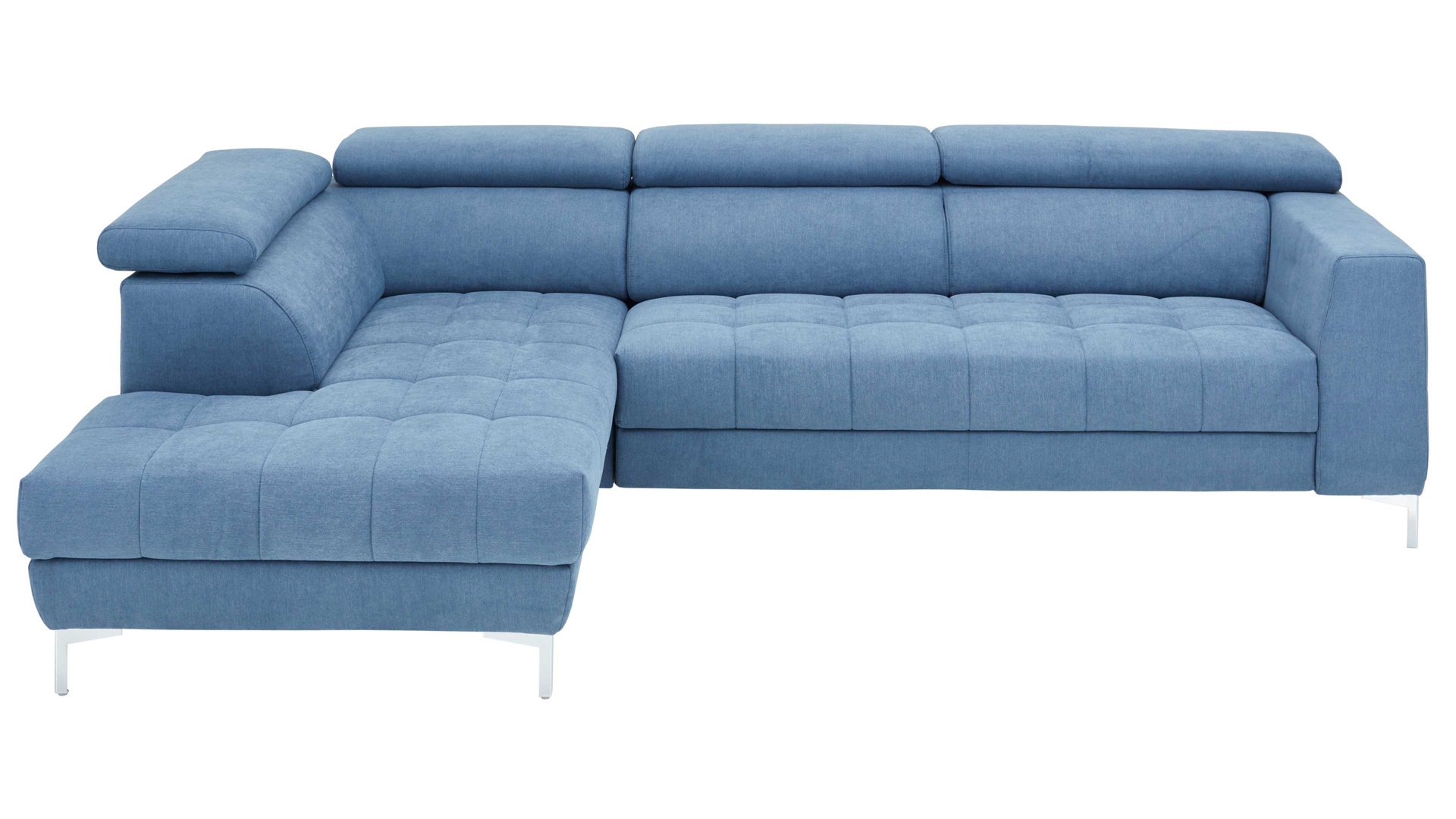 Ecksofa KAWOO aus Stoff in Blau KAWOO Serie 7567 - Ecksofa taubenblauer Bezug EQE 16 & Chromfuß C17 - Stellfläche ca. 201 x 293 cm