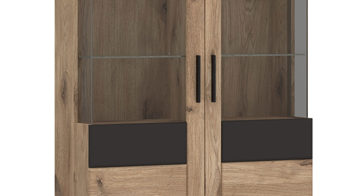 Vitrine Wojcik aus Holz in Eiche Hell Wohnprogramm Grano - Vitrine Viking Eiche & Kosmos Grau - zweitürig, Höhe ca. 195 cm