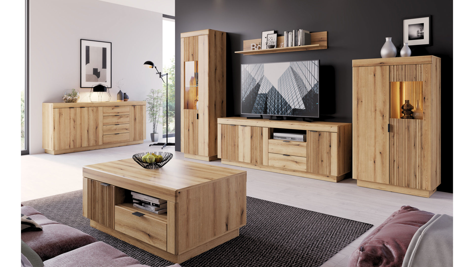 Vitrine Wojcik aus Holz in Eiche Hell Wohnprogramm Delamar - Vitrine Coast Evoke Eiche & Schwarz - Höhe ca. 198 cm