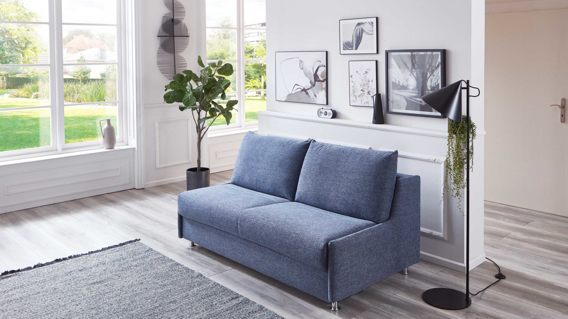 Schlafsofa Bali aus Stoff in Blau Schlafsofa Grande graublauer Bezug 3013 & chromfarbene Füße - Breite ca. 175 cm