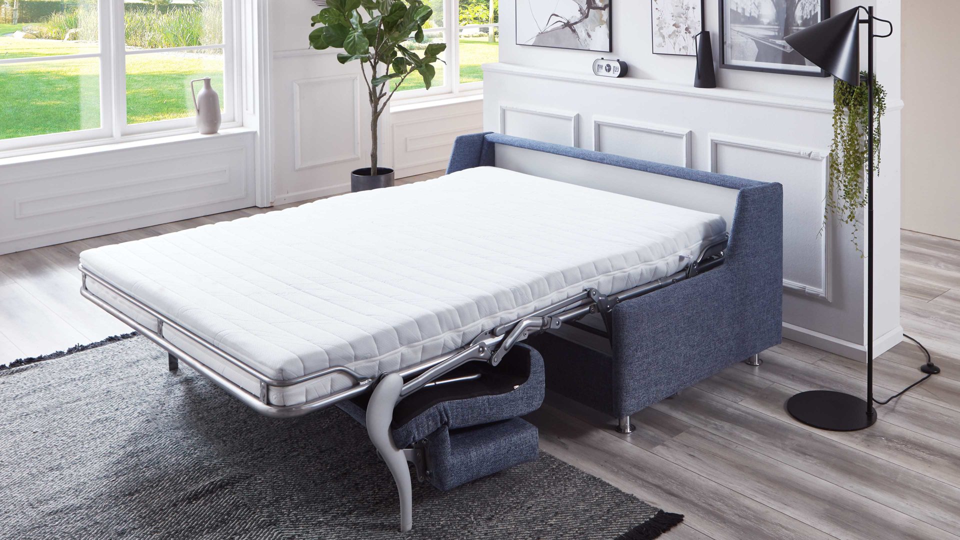 Schlafsofa Bali aus Stoff in Blau Schlafsofa Grande graublauer Bezug 3013 & chromfarbene Füße - Breite ca. 175 cm