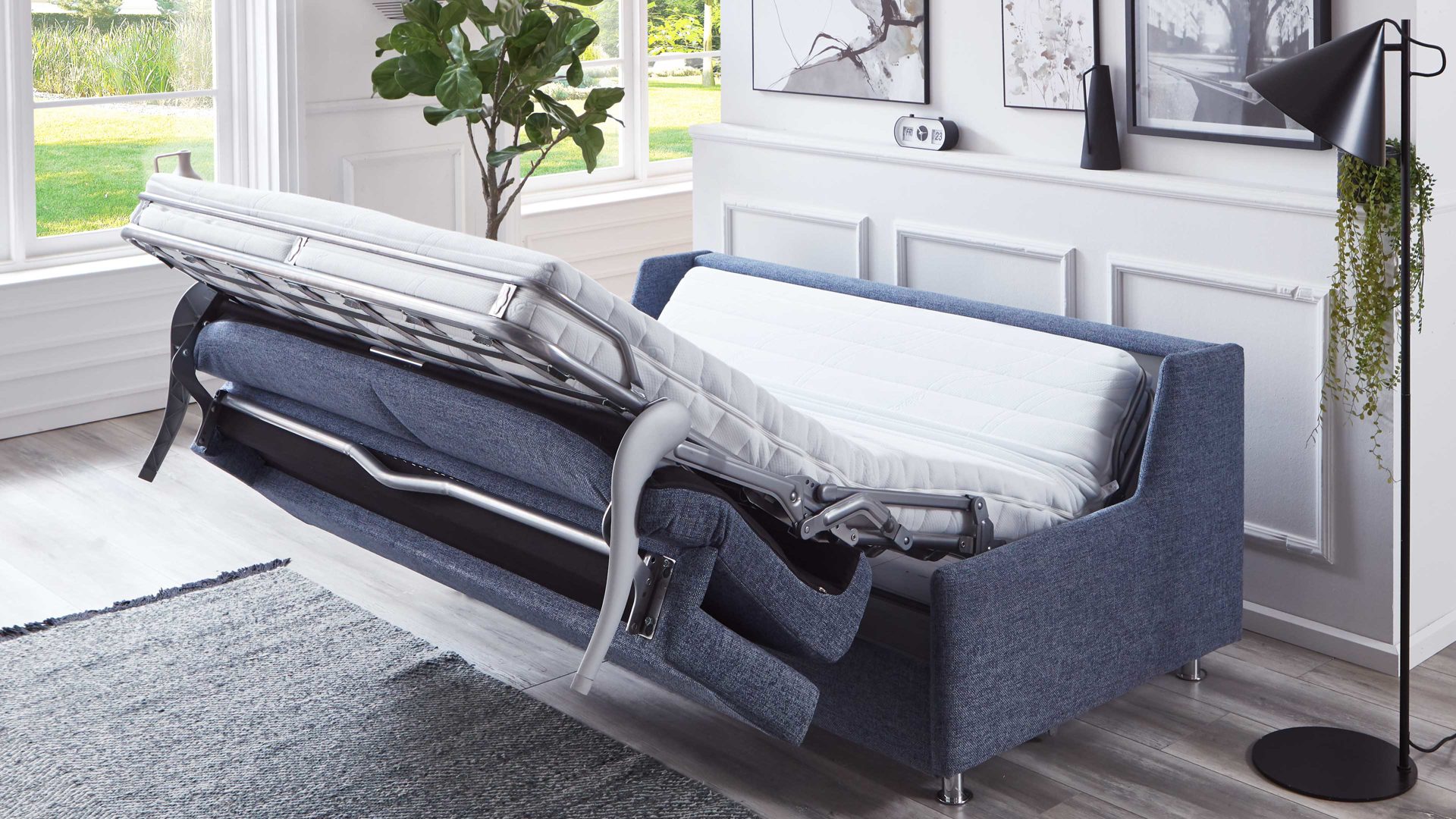 Schlafsofa Bali aus Stoff in Blau Schlafsofa Grande graublauer Bezug 3013 & chromfarbene Füße - Breite ca. 175 cm