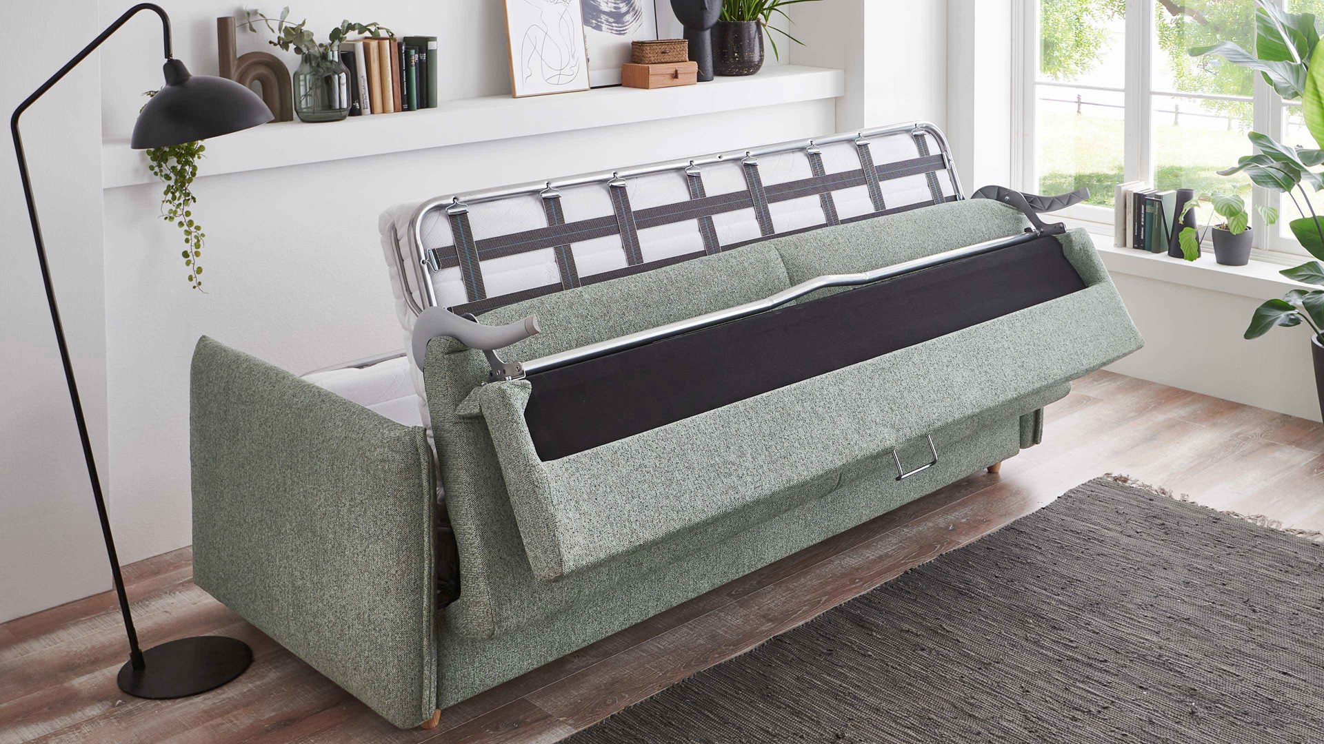 Schlafsofa Bali aus Stoff in Grün Schlafsofa Grande grüner Bezug 2505 & Holzfüße - Breite ca. 229 cm