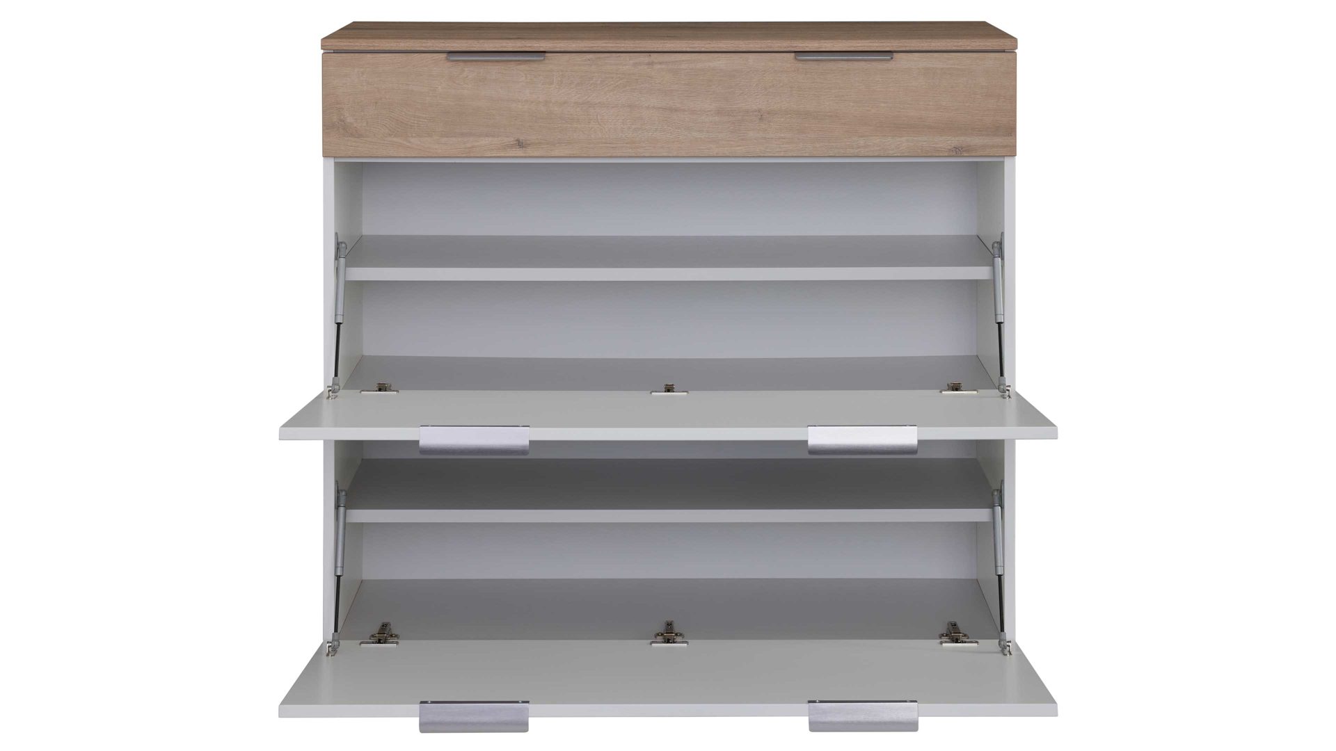 Schuhschrank Interliving aus Holz in Weiß Interliving Garderobe Serie 6012 - Schuhschrank INL-202 weißer Mattlack & Steineiche - eine Schublade, zwei Klappen, Breite ca. 120 cm