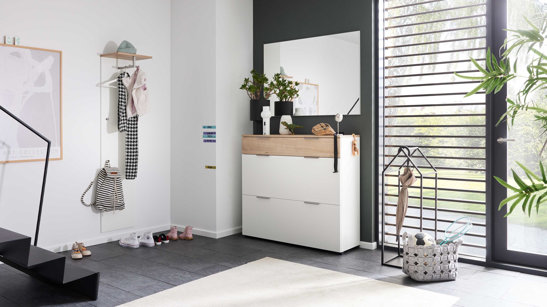 Garderoben-Set Interliving aus Holz in Weiß Interliving Garderobe Serie 6012 - Garderoben-Set weißer Mattlack & Steineiche - dreiteilig