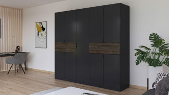 Kleiderschrank Rauch aus Holz in Grau rauch BLUE Drehtürenschrank Ticao Grau-Metallic & Atlantic Oak - Breite ca. 226 cm