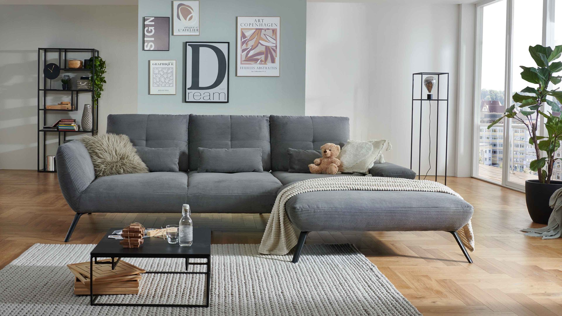 Ecksofa KAWOO aus Stoff in Grau KAWOO Polsterprogramm Dover Plus - Ecksofa grauer Cordbezug - Stellfläche ca. 301 x 191 cm