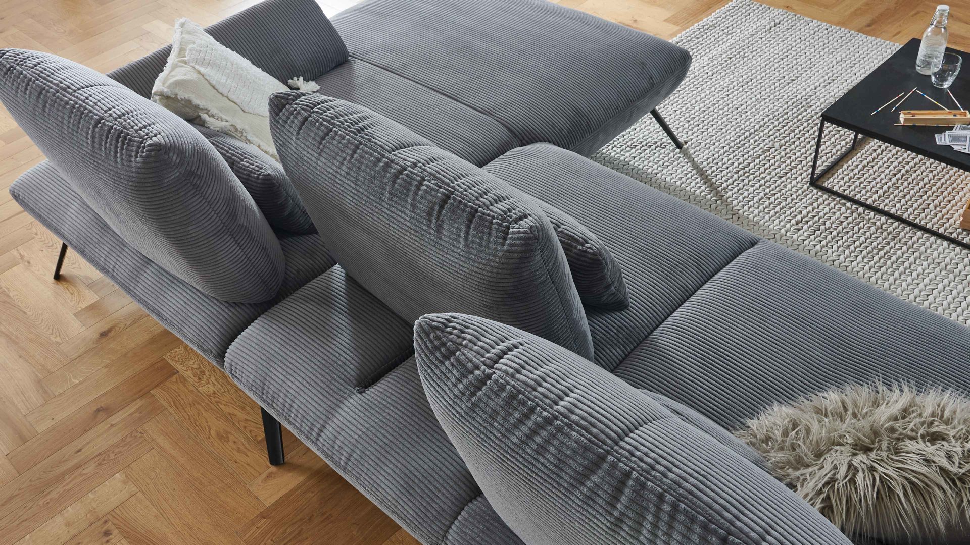 Ecksofa KAWOO aus Stoff in Grau KAWOO Polsterprogramm Dover XC - Ecksofa grauer Cordbezug - Stellfläche ca. 301 x 191 cm